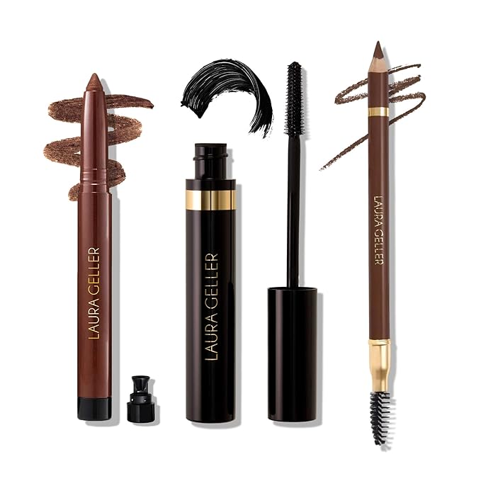 LAURA GELLER Laura’s 3 E’s Eyebrows, Eyelash & Eyeliner Kit for Mature Skin | Dark Brown | Kajal Longwear Eyeliner, Kajal Longwear Mascara & Bravo Brows Soft Pencil + Brush