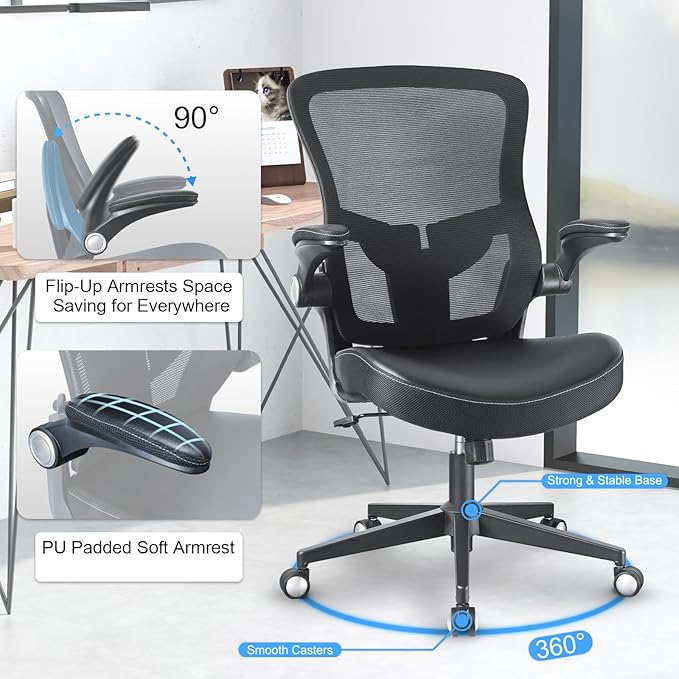 Heavy Duty Office Chair, 400lbs Ergonomic Desk Office Chair for Heavy People, Home Office Desk Chairs with Flip-Up Arms Computer Executive Task Chair with Adjustable Lumbar Support