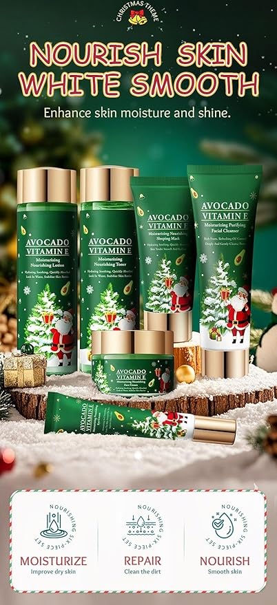Christmas Skincare Kit Gift 6 Pcs with Facial Cleanser, Sleeping Mask, Lotion, Face Cream, Eye Cream, Toner Moisturizing & Nourishing Skin For Women Teen Girls Pomegranate Extract (Avocado)