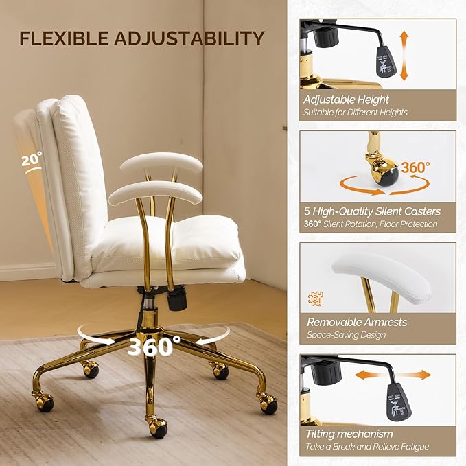VINGLI Home Office Desk Chair Comfy with Wheels & Removable Armrests,Gold Base Vanity Chair with Back, Adjustable Rolling Swivel Computer Task Chair for Study,Makeup,Office,Bedroom,PU Leather,White