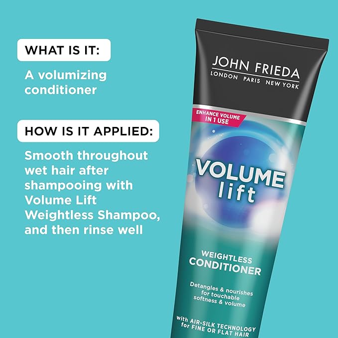 John Frieda Volume Lift Weightless Conditioner, Volumizing Conditioner with Air-Silk Technology for Fine or Flat Hair, Adds Natural Fullness, Safe for Color-Treated Hair, 8.45 Oz, Pack of 2