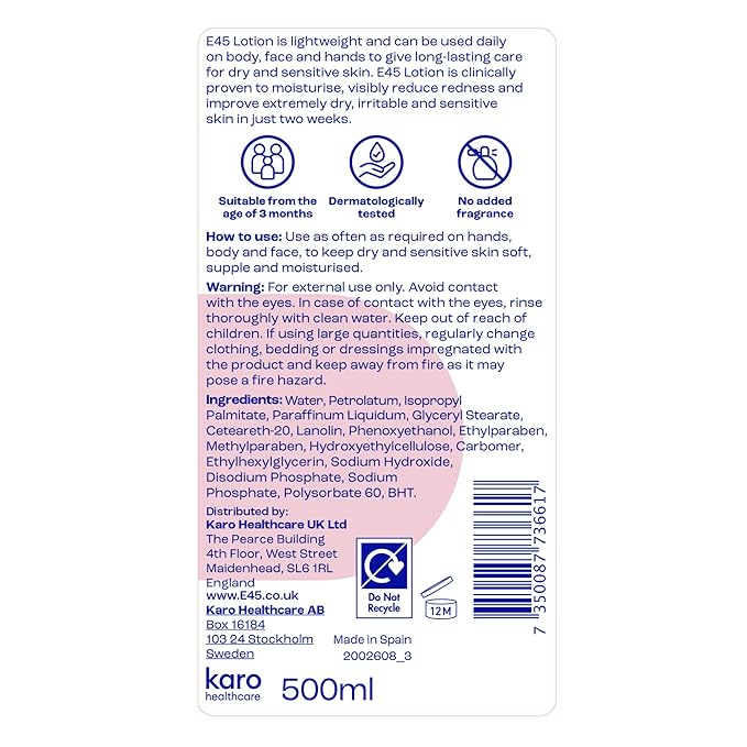 E45 Moisturising Lotion for Very Dry, Sensitive Skin, 24 Hour Moisturizer, Fragrance-Free Formula, Protect from Dryness, Reduce Redness, Dermatologically Tested, 16.9 fl oz (500ml)