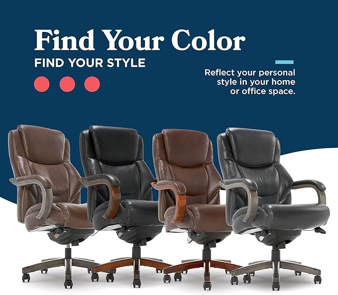 La-Z-Boy Delano Big and Tall Executive Office Chair - Ergonomic Lumbar Support Memory Foam - Bonded Leather Desk Chair for Home Office - Weathered Grey Wood Arms - Black