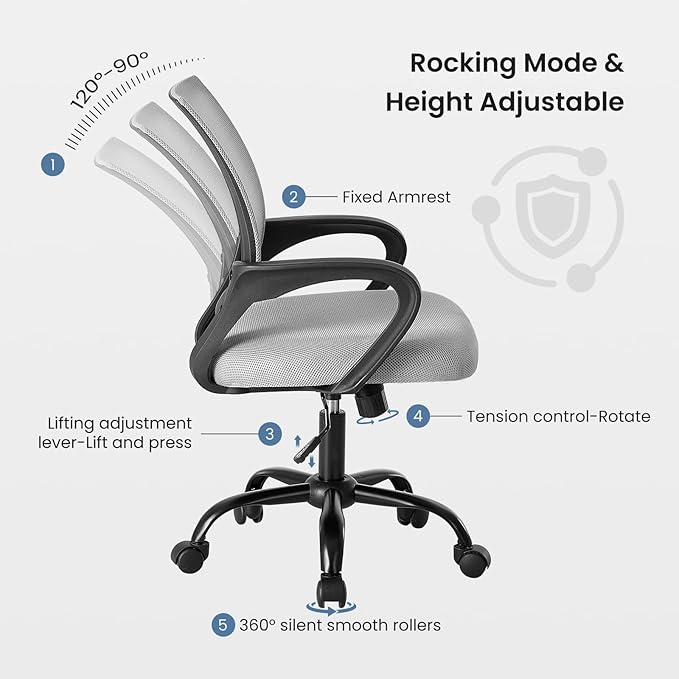 DUMOS Home Office Chair - Ergonomic Mid Back Mesh Desk Chair with Lumbar Support & Rocking Mode, Height Adjustable with Fixed Armrest, for Computer, Gaming, Meeting, 360° Swivel, Grey