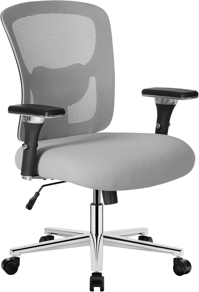 Sweetcrispy Big and Tall Office Desk Chair with Lumbar Support, 500lbs Heavy Duty Mesh Ergonomic Computer Chair with 4D Armrest and Wide Comfy Seat, Wheels for Adult, Grey