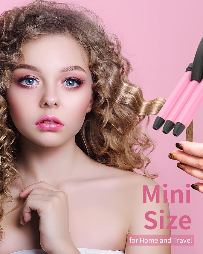 Mini 3 Barrel Curling Iron, Dual Voltage Triple Barrel Hair Waver for Home and Travel, Ceramic Tourmaline 1/2 Inch, Pink