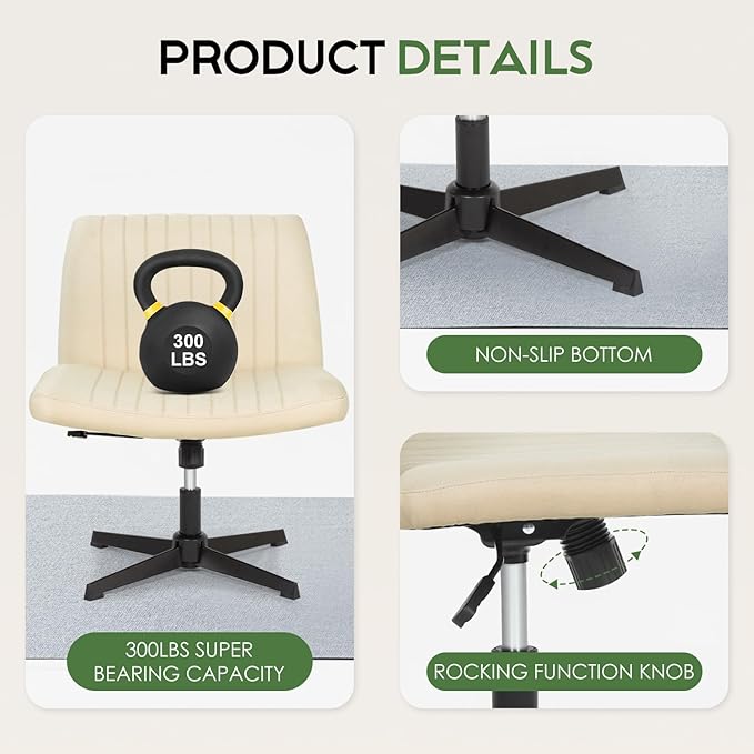 PayLessHere | Criss Cross Chair | Beige | Wide, Armless Desk Chair Without Wheels | 360 Swivel, Height Adjustable & Stable Metal Base | for Office, Home Office, Vanity Seating