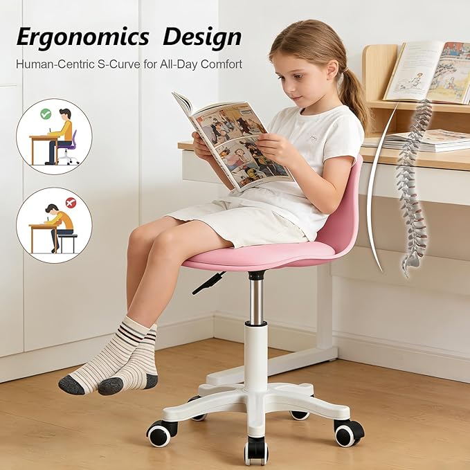 Small Desk Chair Cute Armless Task Vanity Chair with Soft Padded Cushion, Plastic Height Adjustable Home Office Chairs for Teens Girls