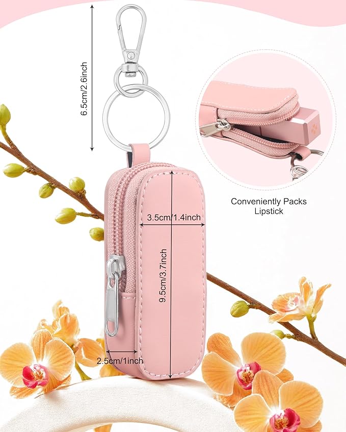 Lip Balm Holder Chapstick Holder Keychain Fashion Pu Leather Lipstick Pouch Lip Gloss Holder With Hook (Pink)