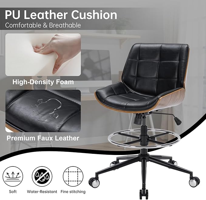 Drafting Office Chair Ergonomic Executive Computer Standing Desk Chair with Adjustable Height and Footrest Ring, Drafting Chair for Counter Height Desk and Drawing (Black)