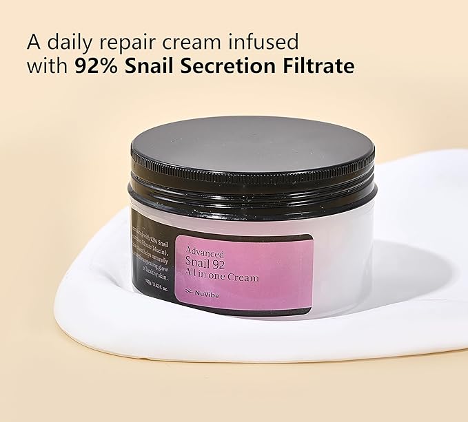 NuVibe ADVANCED Snail Mucin 92% Repair Moisturizer – 3.52 Oz (100g) Hydrating & Lightweight Korean Face Cream for Soft, Glowing Skin – Soothing Moisturizer for Dry, Sensitive & All Skin Types.