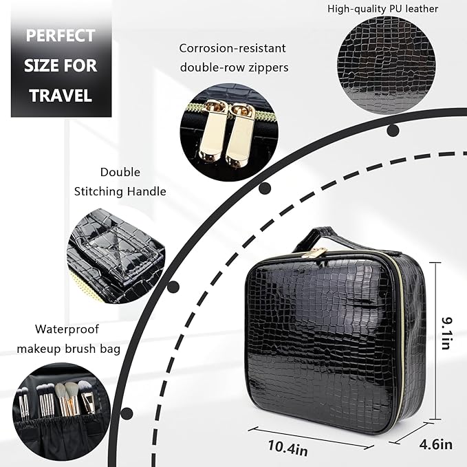 Travel Makeup Train Case Cosmetic Case Organizer Portable Artist Storage Bag with Adjustable Dividers for Cosmetics Makeup Brushes Toiletry Jewelry Digital Accessories (Black)