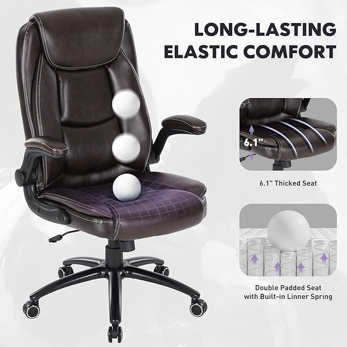 Ergonomic PU Leather Office Chair with Flip-Up Armrests & Reclining Backrest, 300lbs Thick Padded Seat Executive Desk Chair-Adjustable Height & Tilt Tension, Brown