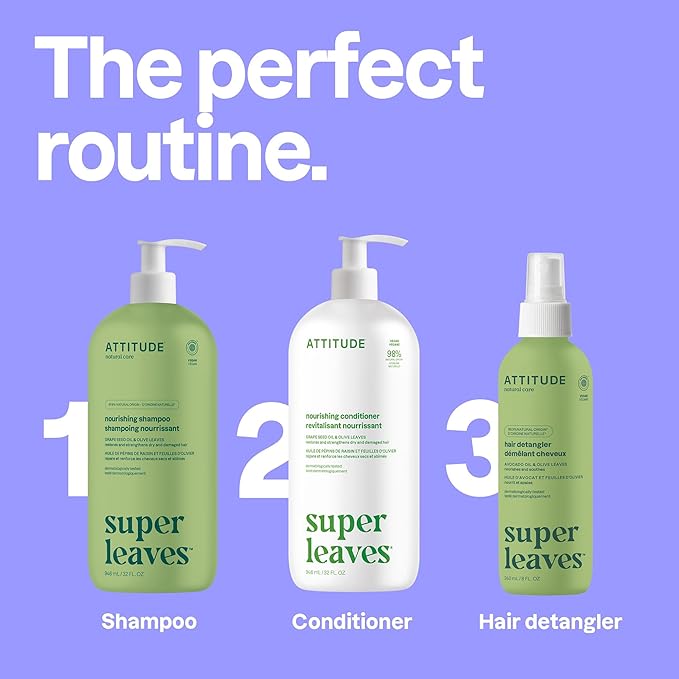 ATTITUDE Nourishing Hair Conditioner, For Dry and Damaged Hair, Naturally Derived Ingredients, Vegan Detangler, Dermatologically Tested, Grapeseed Oil and Olive Leaves, 32 Fl Oz