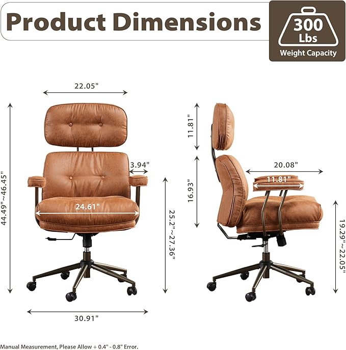 HOOOWOOO Mid-Century Modern Ergonomic Office Chair, Extra Wide Comfy Executive Chair with Lumbar Support, Suede Leather Light Brown