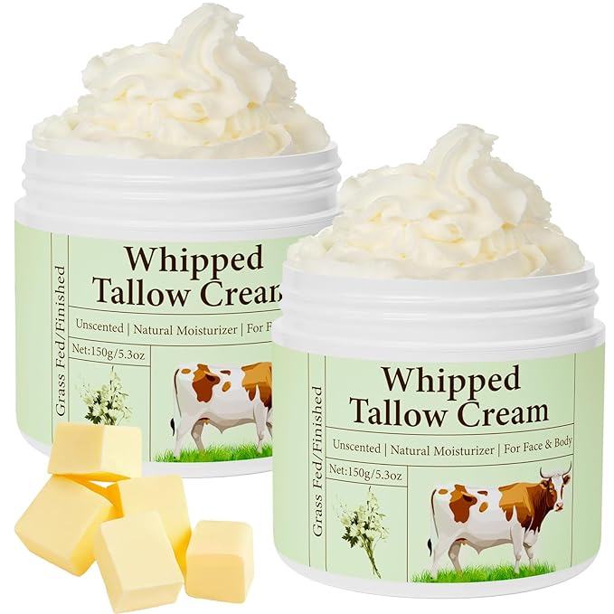 Beef Tallow for Skin, Beef Tallow, Grass Fed Beef Tallow, Whipped Beef Tallow for Face Moisturizer for All Purpose Tallow Balm, 2 packs