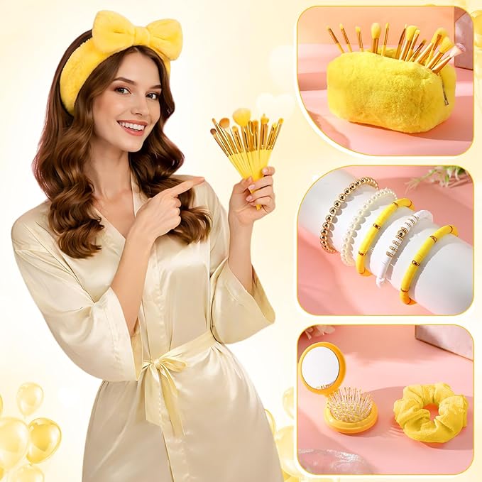 15 Pcs Birthday Gifts for Women Robe Sets for Women Spa Basket Set Graduation Gifts Bath Robe Make up Brushes Scented Candle Fluffy Socks Coffee Cup for Mom Nurse Girlfriend Wife(Yellow)