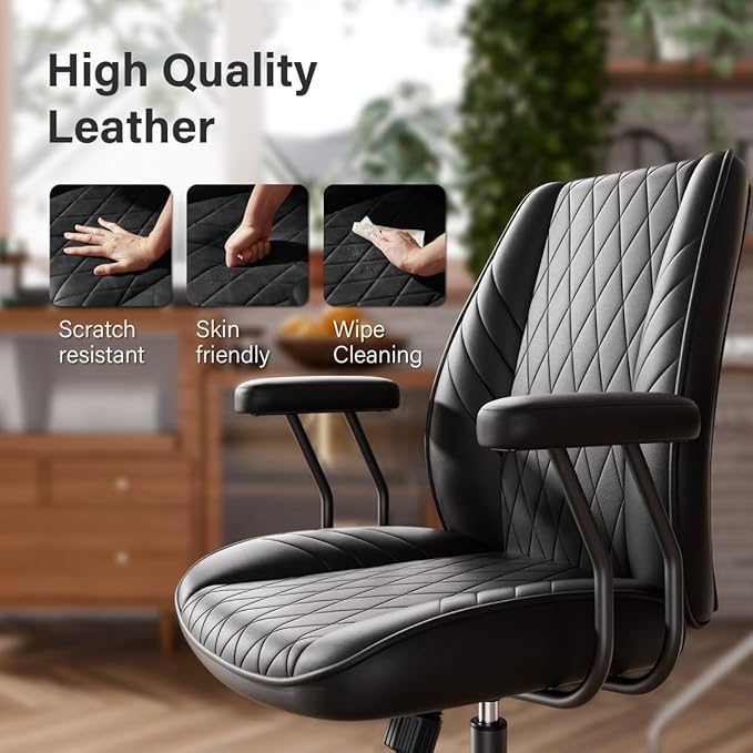 Black Leather Office Desk Chair with Quiet Rubber Wheels, Height Adjustable, Padded Arms, Vintage Mid Century Office Chair, Retro Style Desk Chair