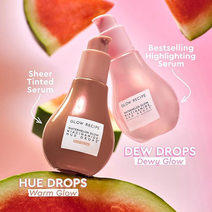 Glow Recipe Watermelon BHA + PHA Pore Tight Facial Toner (40 ml) + Plum Plump Hyaluronic Acid Cream (20 ml) + Niacinamide Bronzing Hue Drops (40 ml) - Skincare Travel Kit for Glowing Skin