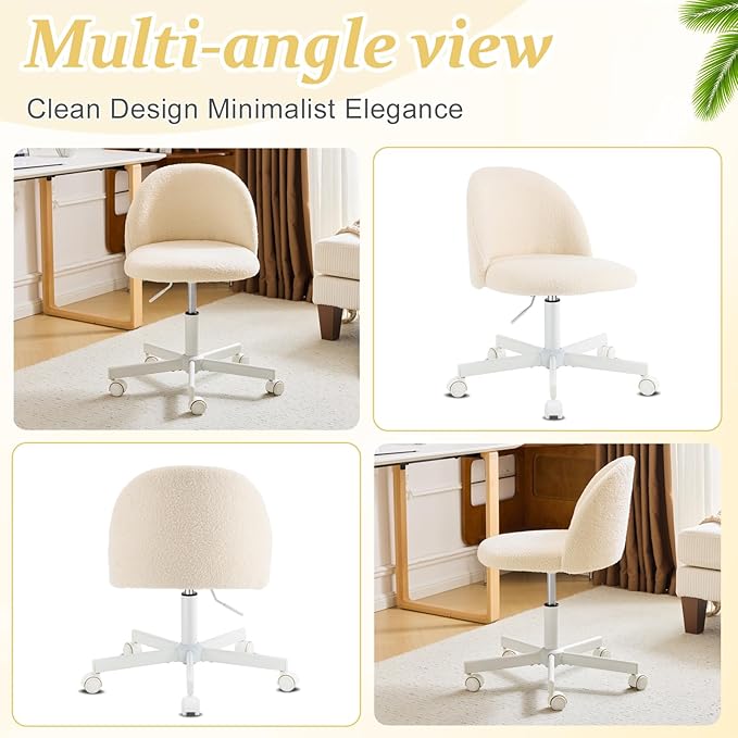 VINGLI Candy Chair Armless Cute Desk Chair,Comfy Small Office Chair with Wheels,Vanity Chair Lumbar Support,Teddy Adjustable Rolling Swivel Computer Task Chair for Home Office,Bedroom,Creamy Beige