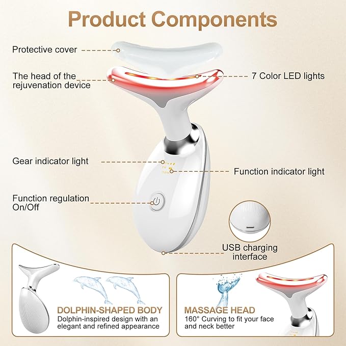 Facial Massager, 7 Color Face and Neck Massager for Skin Care at Home, Portable Beauty Skin Care Tools, White