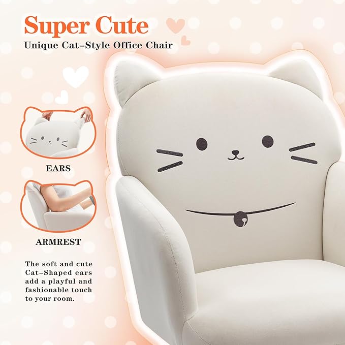 IWMH Home Office Chair Wide Seat Desk Chair Cute Velvet Swivel Vanity Chairs Cat Themed Computer Task Chairs with Wheels Upholstered Modern Accent Armchair for Living Room Bedroom Study Makeup White