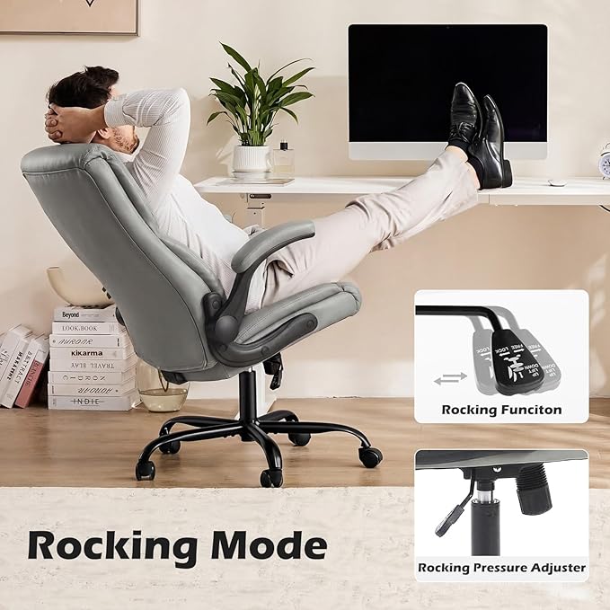 DUMOS PU Leather Office Chair - Ergonomic Executive Computer Desk Chairs with Adjustable Flip-up Armrest, Swivel Task Chair with Lumbar Support, Strong Metal Base, Grey