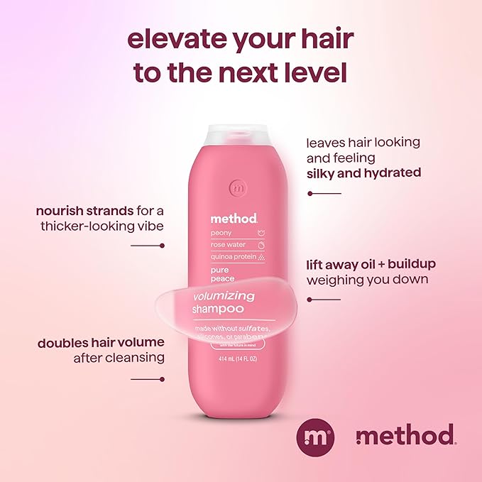Method Volumizing Shampoo,Pure Peace with Rose,Peony,and Pink Sea Salt Scent Notes,Paraben and Sulfate Free,14 oz,(Pack of 2)