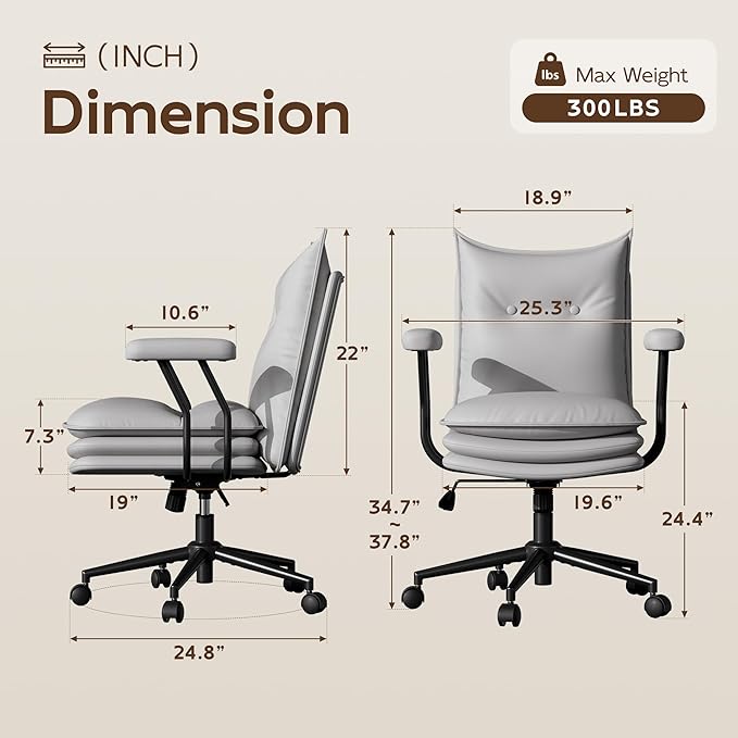 Grey Office Chair with Triple-Layers Thicken Wide Seat, Mid Back Leather Desk Chair with Wheels and Arms, Mid-Century Modern Computer Chair for Home Office