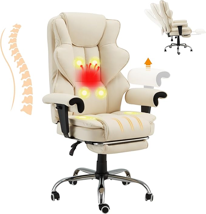 HOMREST 6-Point Massage Executive Chair,Heat Office Chair,Ergonomic Home Office Desk Chairs with Retractable Footrest and Reclining Function,Leather Computer Chair with Adjustable Armrest(‌Off White)