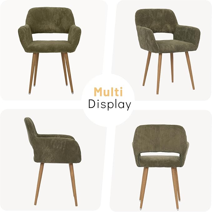 KCC Small Modern Dining Room Arm Chairs 1 Piece, Mid-Century Upholstered Corduroy Fabric Side Seat Club Guest with Metal Tube Legs for Kitchen, Living Room, Green