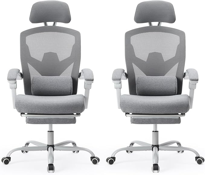 Sweetcrispy Office Computer Desk Chair with Footrest,Ergonomic High-Back Mesh Rolling Work Swivel Chairs with Wheels,Comfortable Lumbar Support,Comfy Arms for Home,Bedroom,Study,Student,Light Grey