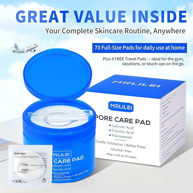 BHA Salicylic Acid Toner Pads with Pore Care - Dual-Textured Facial Exfoliation Toner Pads with Glycolic Acid, Niacinamide Daily Face Skincare - 70 Pads + 4 Trial Pads