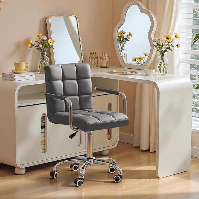 Furmax Vanity Office Chair with Wheels,Makeup PU Leather Executive Chair Modern Adjustable Home Desk Retro Comfortable Work Chair 360 Degree Swivel with Arms (Grey)