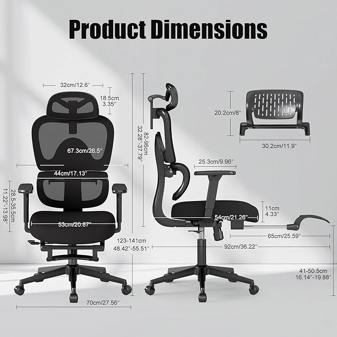 Ergonomic Office Chair with Footrest – Adjustable Lumbar Support, 3D Armrests & Headrest, Wide-Seat High-Back Mesh Computer Chair with Casters, Suitable for Home & Office, Black
