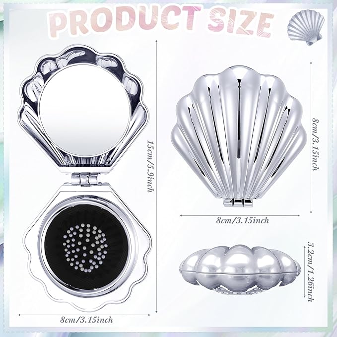 Meanplan 12 Pcs Mermaid Party Favors Shell Hair Brush with Mirror Foldable Mini Travel Pocket Hair Brush Compact Makeup Comb for Women Girls Valentines Day Birthday Gifts(Silver)