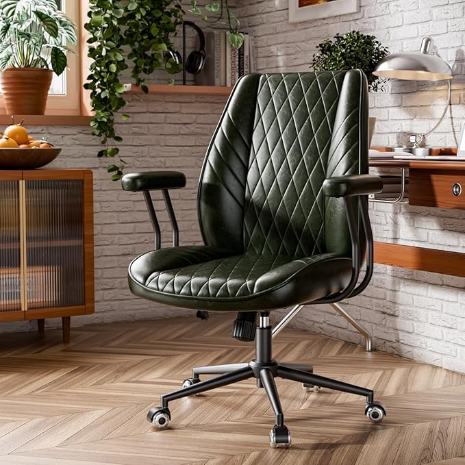 Green Leather Office Desk Chair with Quiet Rubber Wheels, Height Adjustable, Padded Arms, Vintage Mid Century Office Chair, Retro Style Desk Chair