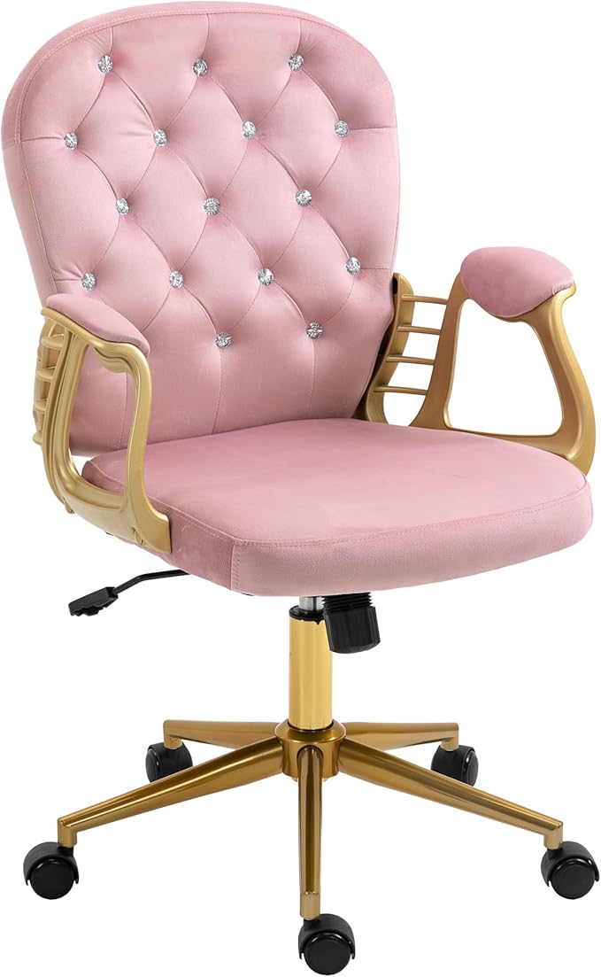 Velvet Home Office Desk Chair Comfy with Gold Legs and Arms, Comfortable Makeup Vanity Chair with Back and Wheels, Button Tufted Armchair Swivel Rolling Study Chair for Girls Women,Pink