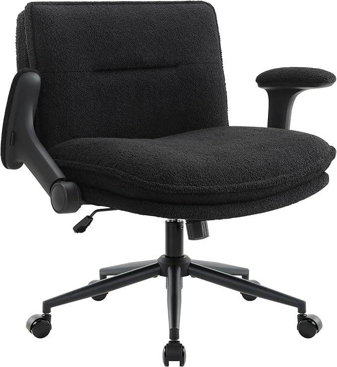 Criss Cross Legged Office Chair with Wheels and Flip-Up Arms, Ergonomic Wide Seat Desk Chair with Thick Padded, Height Adjustable Criss Cross Chairs for Home Office, Bedroom,Apartment,Vanity,Black