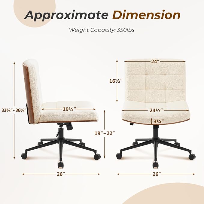 Furnimart Heavy-Duty FSC Wooden Wide Desk Chair, 360° Swivel Criss Cross Office Chair with Wheels, Comfy Cross Legged Sitting, Armless Rolling Chair for Bedroom, Office, Vanity (Faux Fur White)