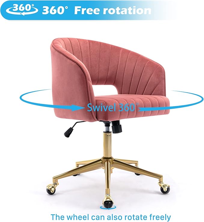Home Office Chair Swivel Velvet Desk Chair Accent Armchair Upholstered Modern Tufted Chairs with Gold Base for Girls Women Ergonomic Study Seat Computer Task Stools for Living Room(Rose)