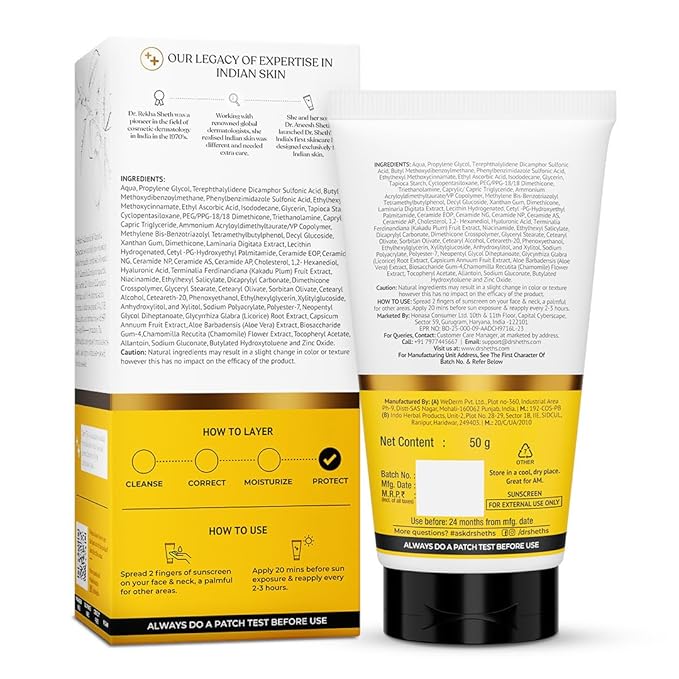 Dr. Sheth's Ceramide & Vitamin C Sunscreen In-Vivo Tested Protects, Moisturizes & Brightens Skin SPF 50+ PA++++ Lightweight, Leaves No White Cast 50 g