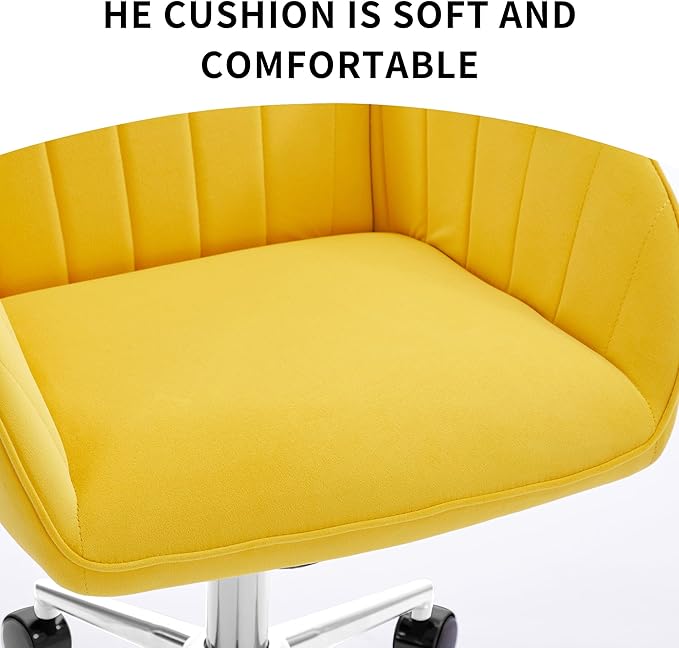 YITAI Velvet Office Desk Chair with Silver Foot Base, with Wheels,Modern Height Adjustable 360 Degree Swivel Upholstered Vanity Chairs with Arms for Living Room Bedroom,Yellow