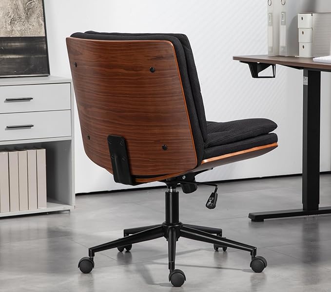 Armless Modern Walnut Office Desk Chair with Wheels, Adjustable Wide Swivel Task Chair, Ergonomic Cross Legged Fabric Chair for Conference Room, Home Office (Black)