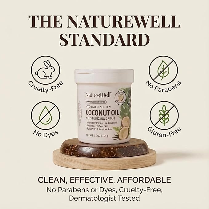 NATURE WELL Coconut Oil Moisturizing Cream for Dry Skin – Deep Hydration Lotion for Face, Body & Hands, Spa Quality Skincare, Softens & Smooths, Non-Greasy, Fast Absorbing, Vitamins A C E, 16 Oz