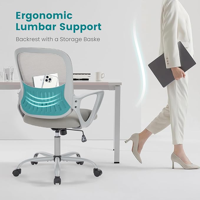 DUMOS Home Office Desk Chair - Ergonomic Mid Back with Lumbar Support & Fixed Armrest, Height Adjustable with Rocking Mode, Storage Back for Computer, Gaming, Conference, 360° Swivel, Grey