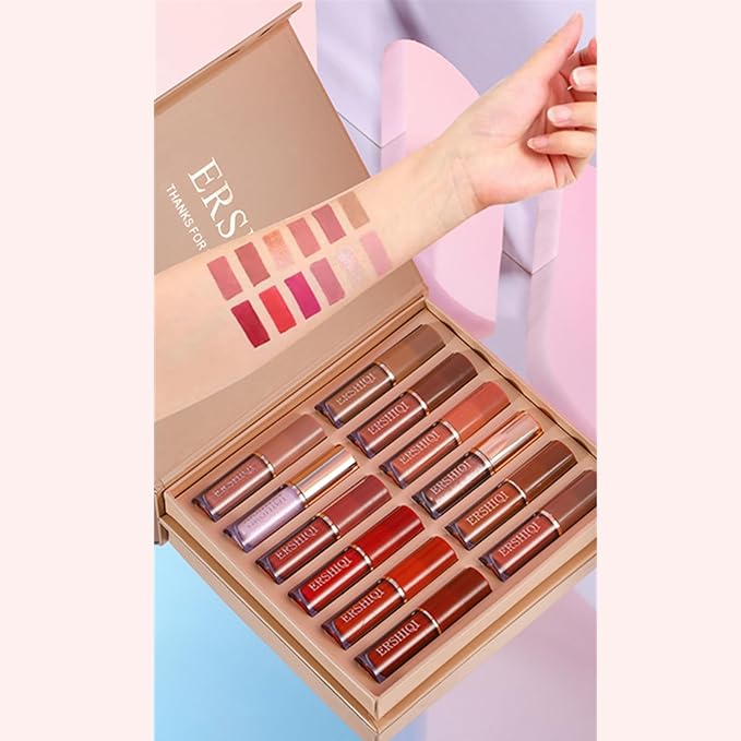 12Pcs Nude Matte Liquid Lipstick Set, Waterproof Long Lasting Non-Stick Cup 12 Colors Nude Lipstick 24 Hour Not Fade Matte Lipstick Professional Lip Gloss Makeup Valentine's Day Gift Sets for Women