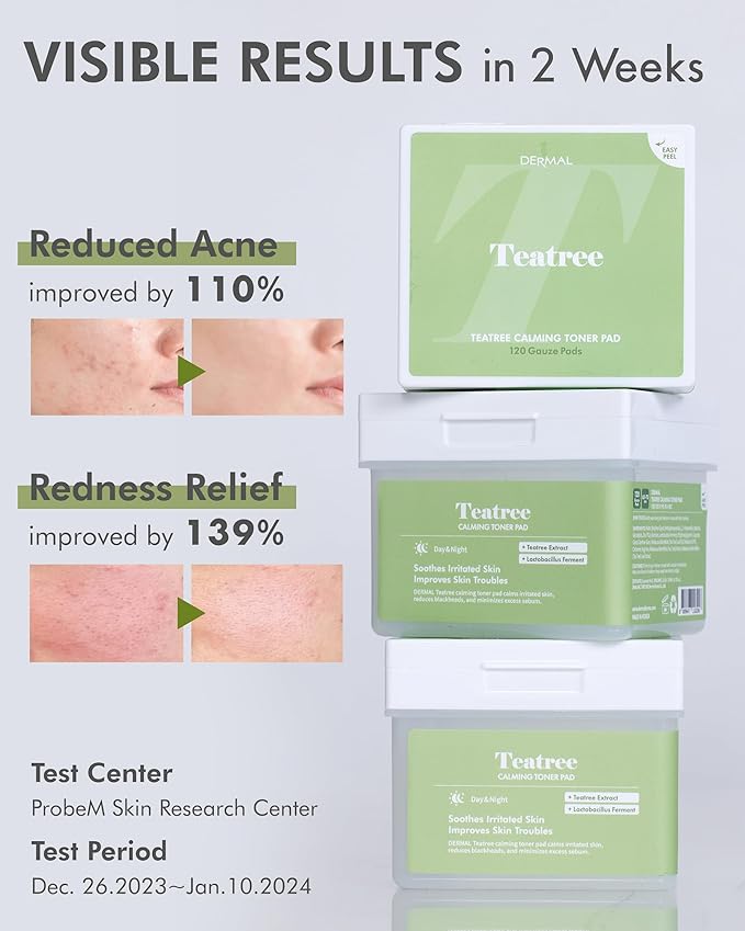 DERMAL Tea Tree Calming Toner Pads 120 Count – Zinc PCA Lactobacillus for Oily Blemish-Prone Skin – Vegan Gauze Tencel Pads with Tweezers (Korean Skincare)