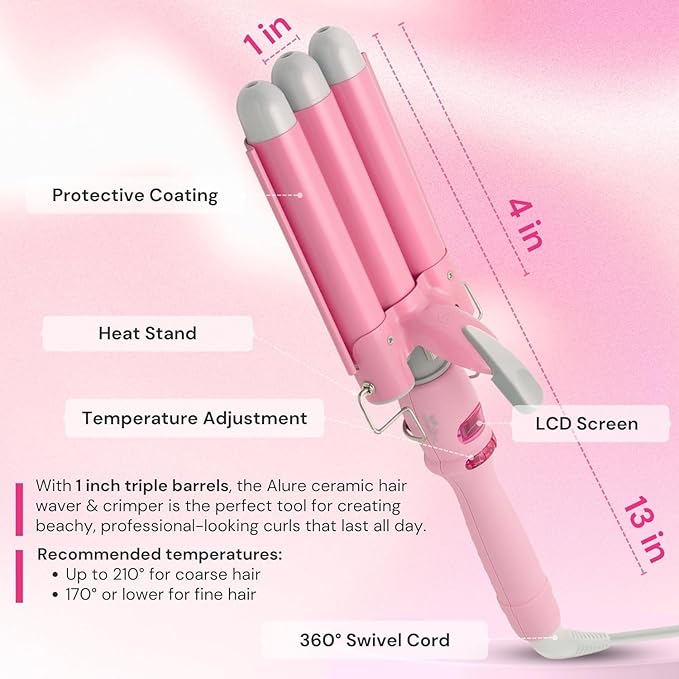 Alure Three Barrel Curling Iron Wand with LCD Temperature Display - 1 Inch Ceramic Tourmaline Triple Barrels, Dual Voltage Crimping Tool, Best Hair Waver for Beachy/Frizz Free Waves (White/Pink)