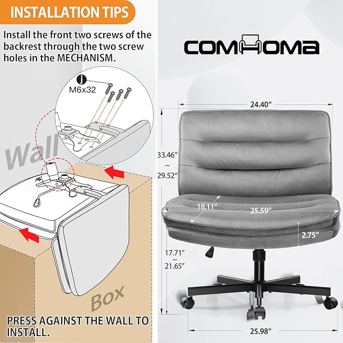 COMHOMA Cross Legged Office Chair with Wheels Armless-Office Desk Chair, Modern Vanity Computer Task Chairs for Home Bedroom, Comfortable Wide Seat for Lower Back Pain Relief, Soft Velvet, Gray